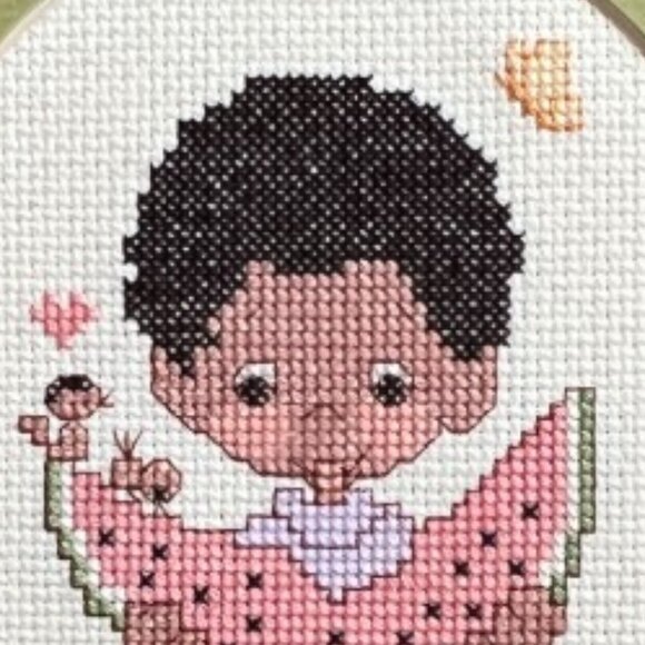 Vtg Framed NEEDLEPOINT Child Eating Watermelon Butterfly Birds Oval Mat 9 x 11 - Picture 3 of 9